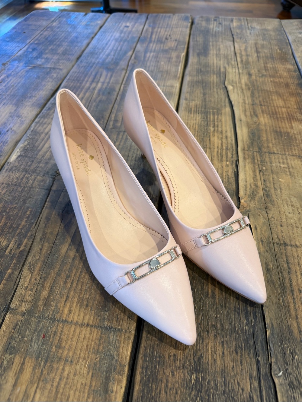 kate spade pale pink pointed-toe heels with silver chain detail